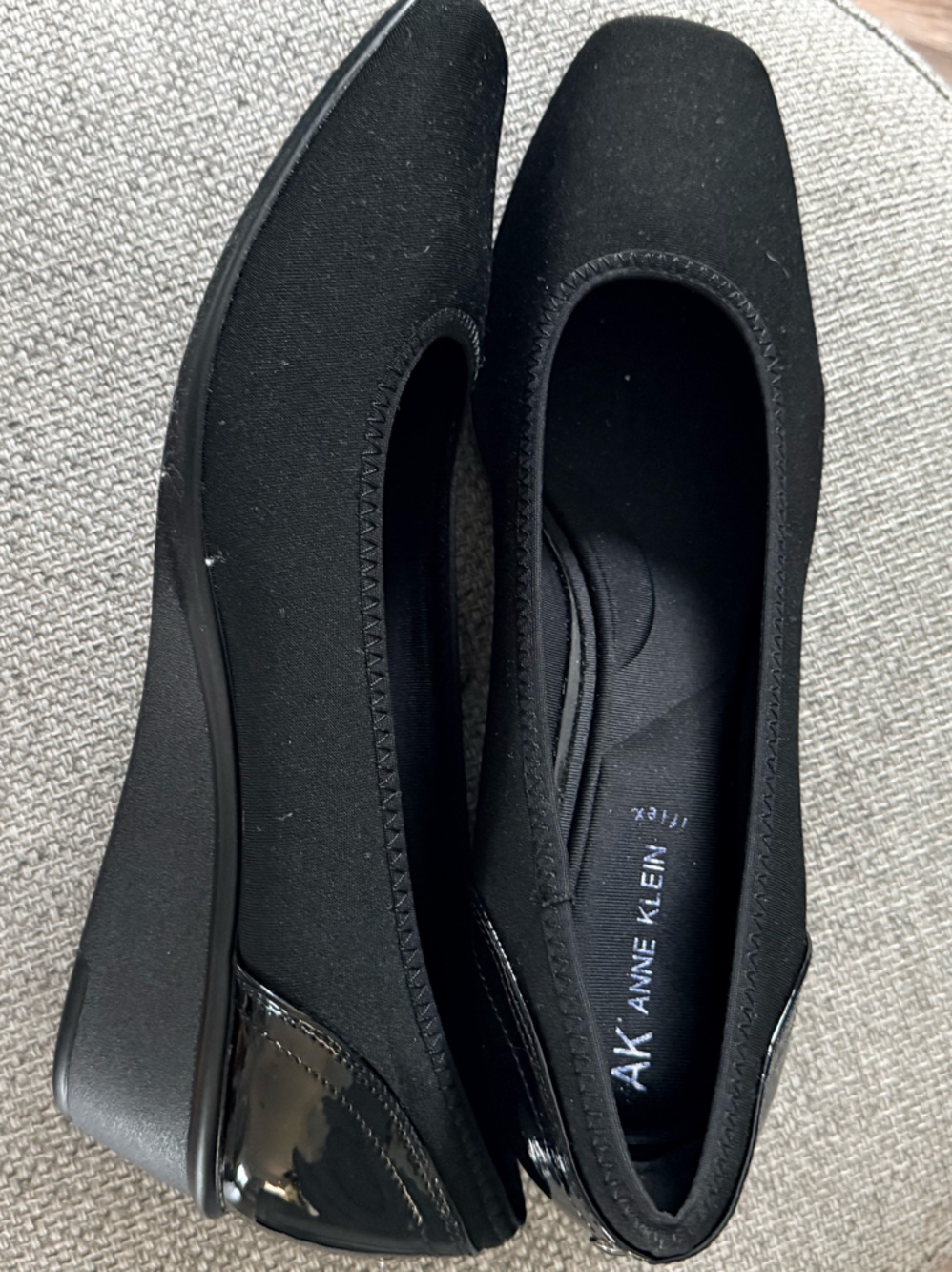 Anne Klein Black Fabric and Patent Trim Wedge Flats